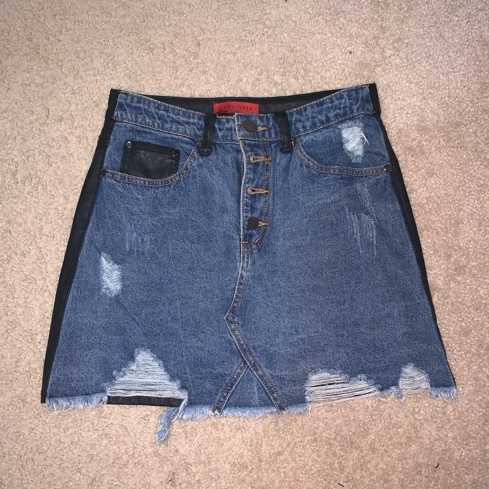 half denim half leather skirt